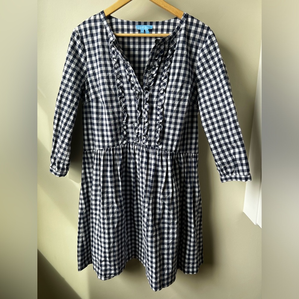 Draper James Blue and White Tiered Sundress with Cuffed Sleeves